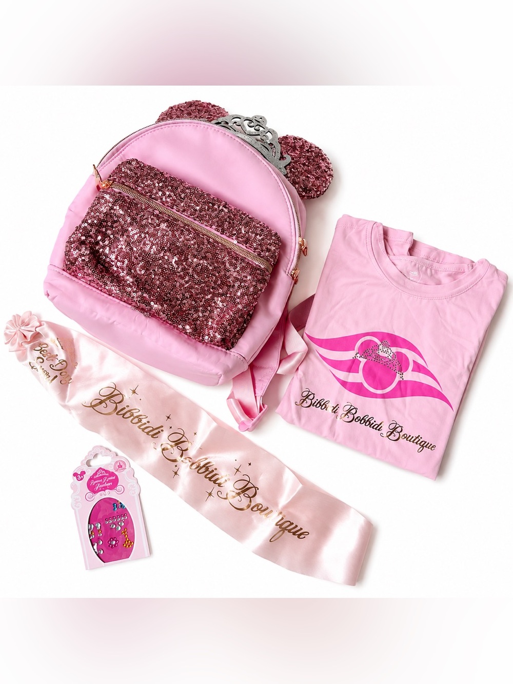 Disney Cruise Bibbidi Bobbidi Boutique Princess Sash Sequins Backpack Shirt lot